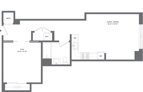 Floor plan for studio, 1 bath, 676 sqft